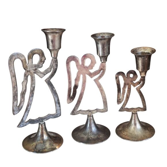 International Silver 3 Angel Candle Sticks Vintage with Patina Not Polished - Picture 7 of 14